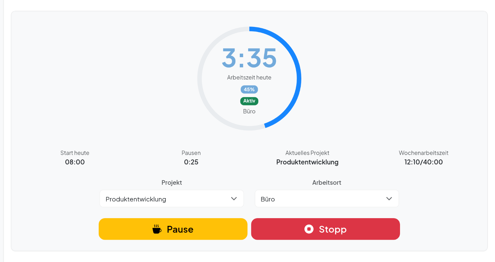TimeTracker Stempeluhr: Arbeitszeit heute 3:35, Status aktiv, Projekt und Arbeitsort wählbar, Buttons Pause und Stopp