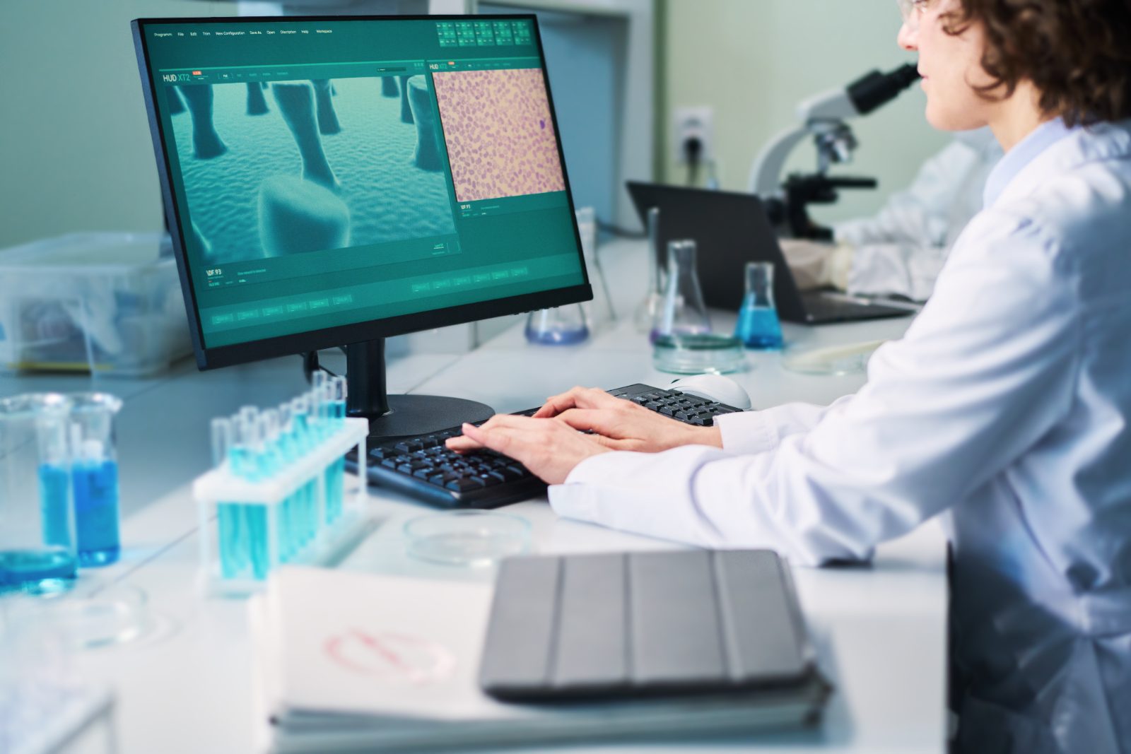 Lab employee working at a computer with analysis software